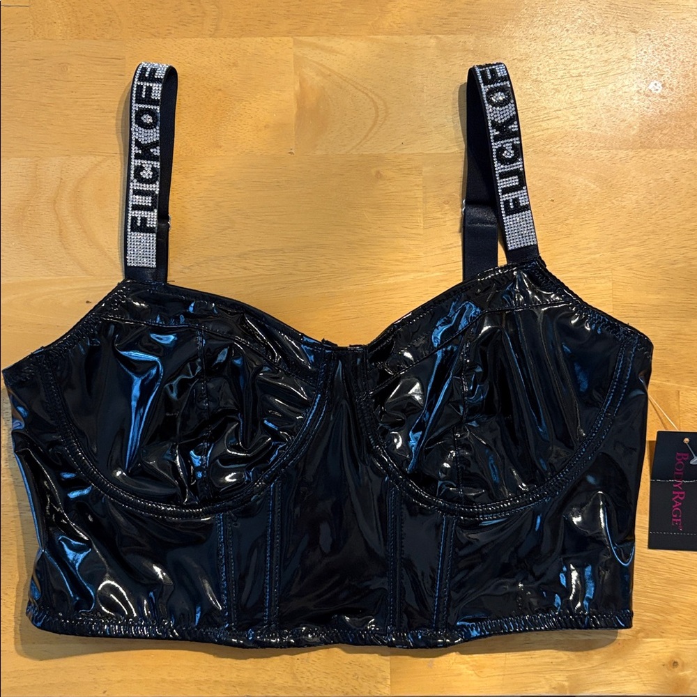 Black Faux Leather Crop Top W/ Rhinestone Straps